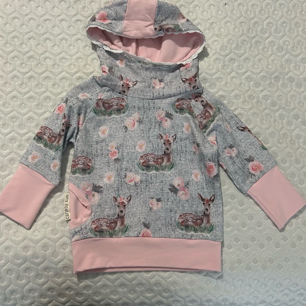 Caribou kids- Pink and Gray Kids Hoodie with Deer Print